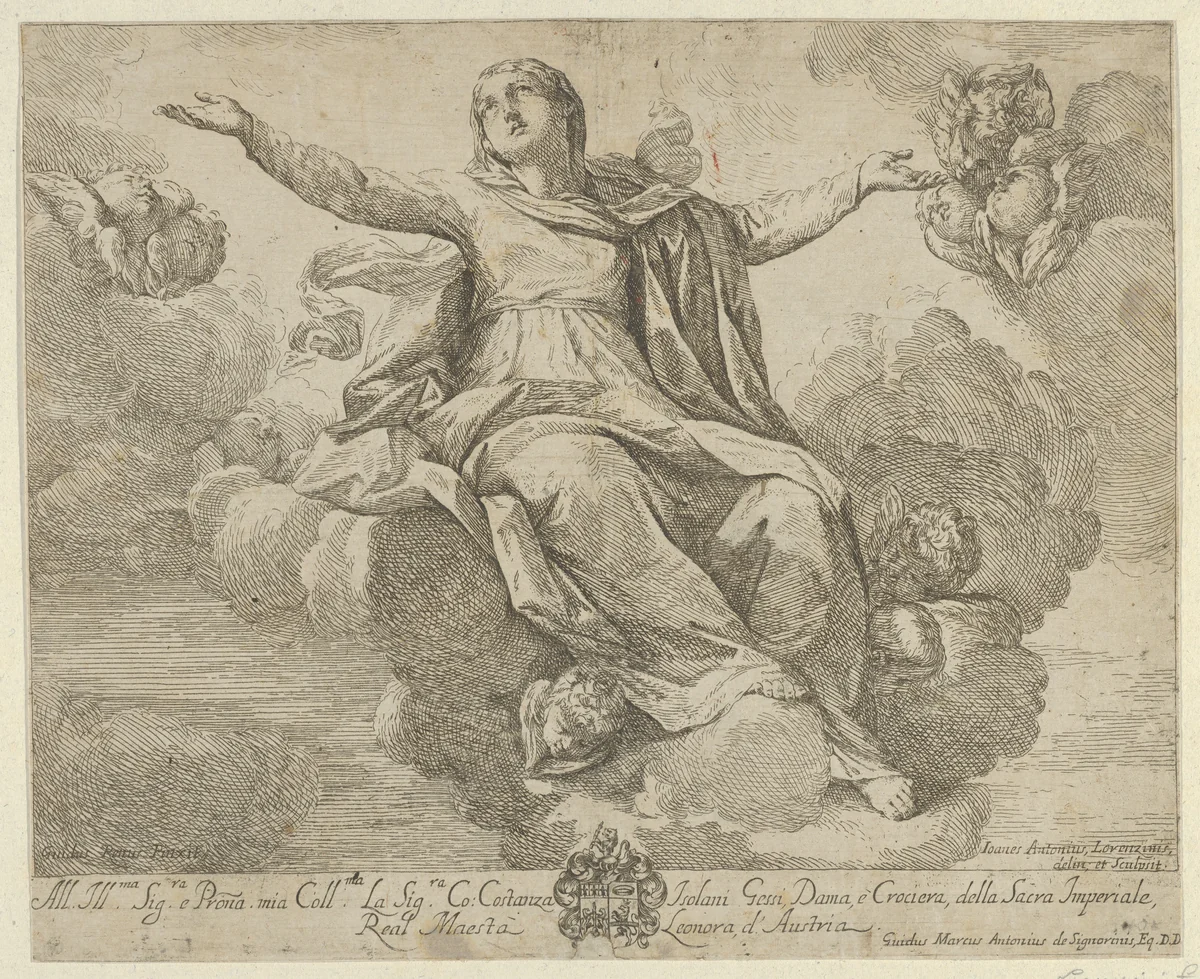 The Assumption of the Virgin, who is seated in the clouds with arms outstretched, angels surrounding her by Fra Antonio Lorenzini, print, 1685-1720