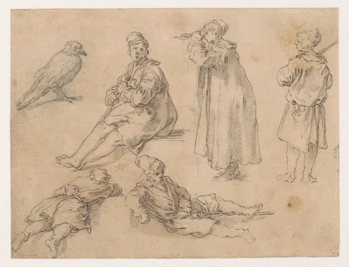 Een zittende en twee staande jongens by Abraham Bloemaert, drawing, 1625-1629