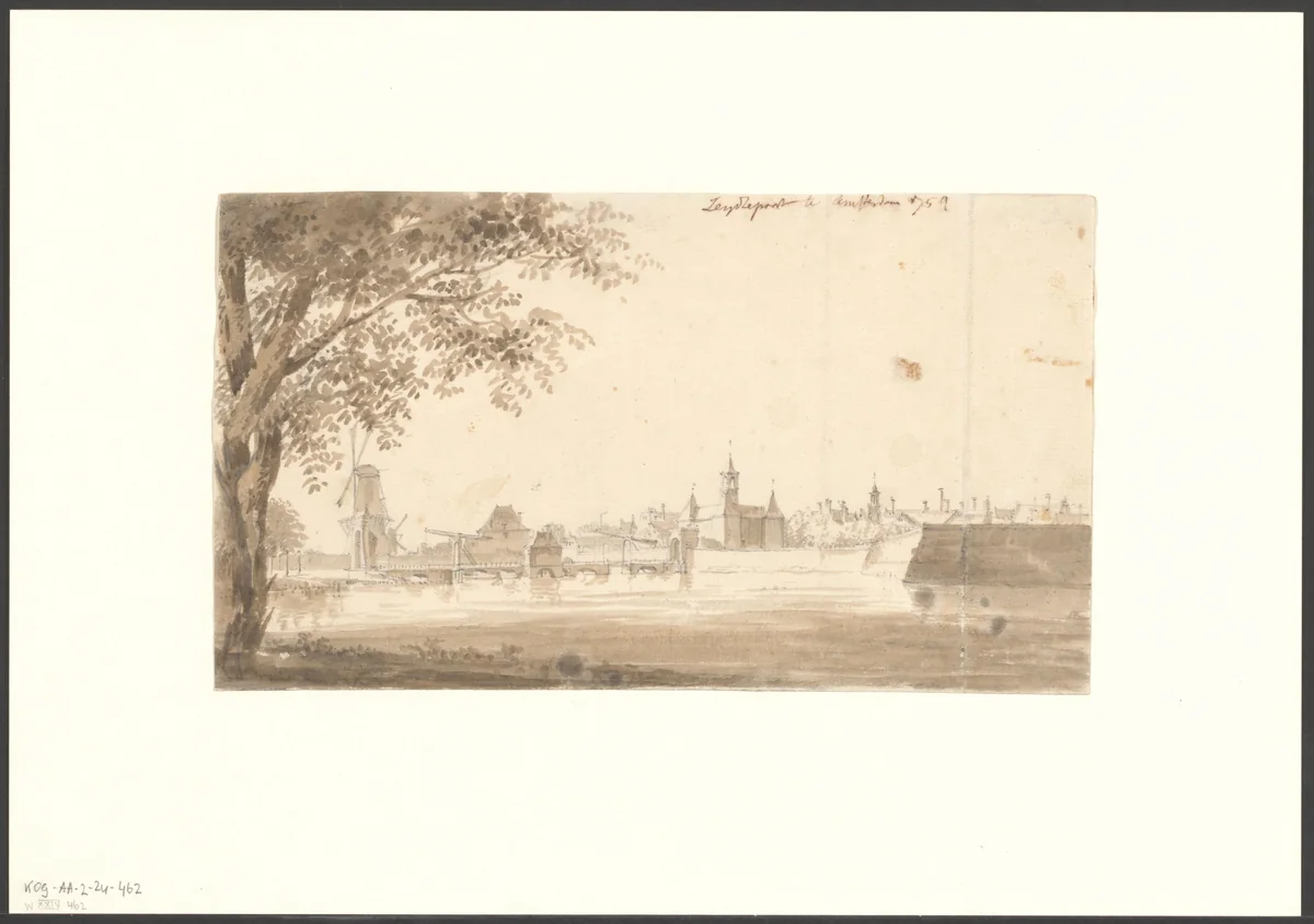 Gezicht op de Singelgracht gezien naar de Leidsepoort by anonymous, drawing, 1759