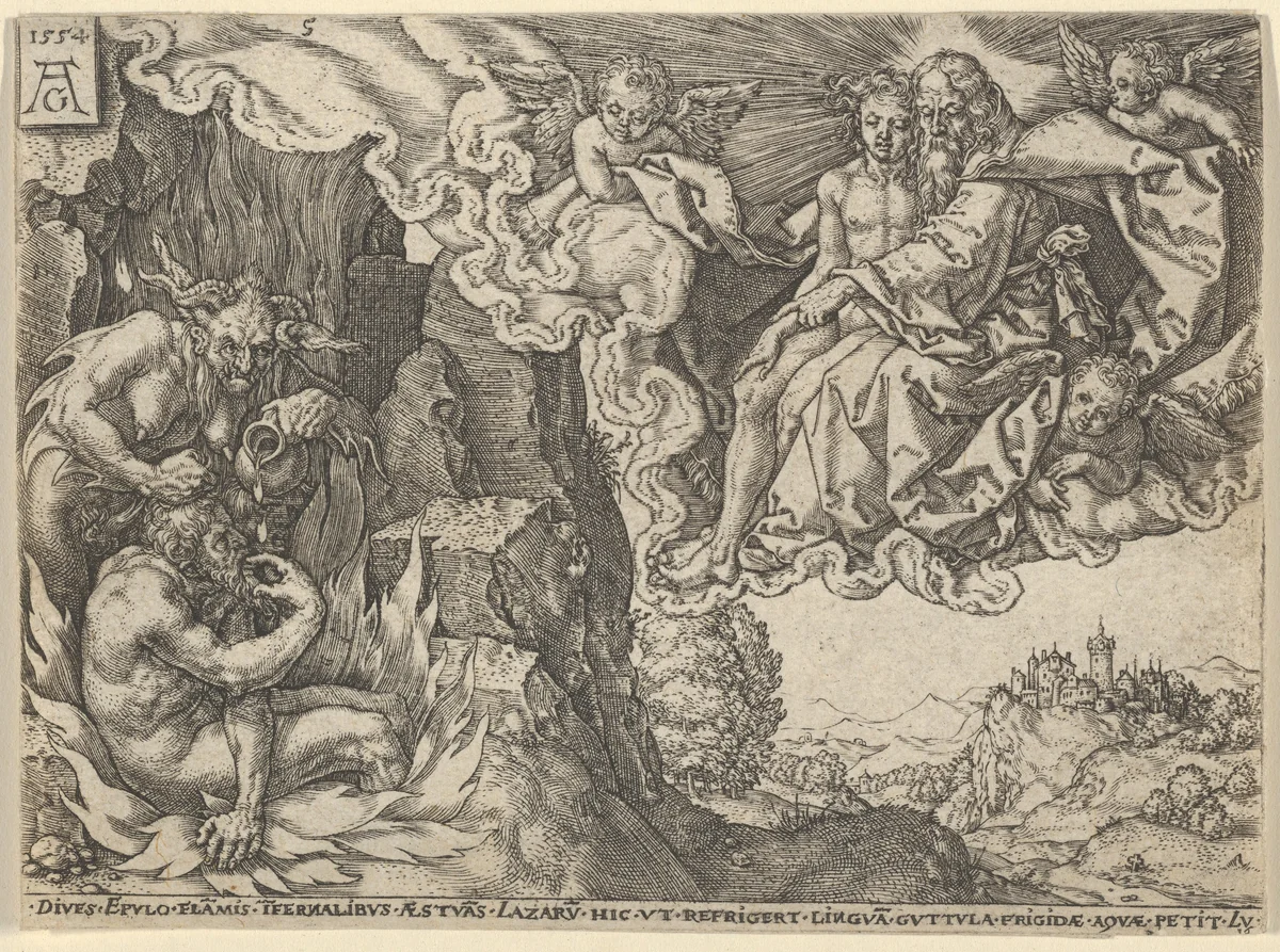 The Rich Man in Hell, Seeing Lazarus Embraced by Abraham, from "The Parable of the Rich Man and Lazarus" by Heinrich Aldegrever, print, 1554