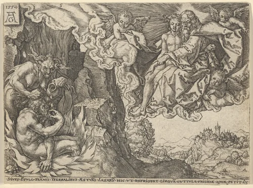 The Rich Man in Hell, Seeing Lazarus Embraced by Abraham, from "The Parable of the Rich Man and Lazarus" by Heinrich Aldegrever, print, 1554