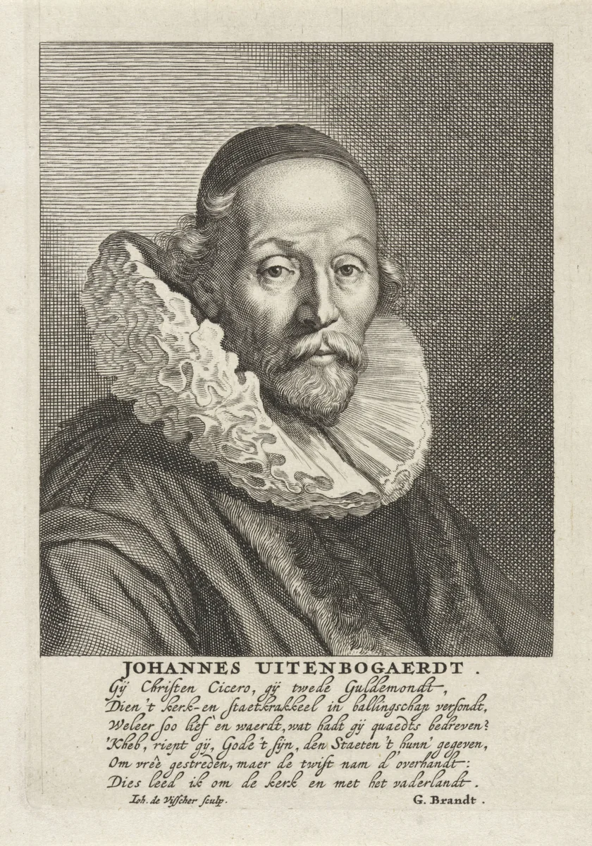 Portret van Johannes Wtenbogaert by Jan de Visscher, print, 1643-1692