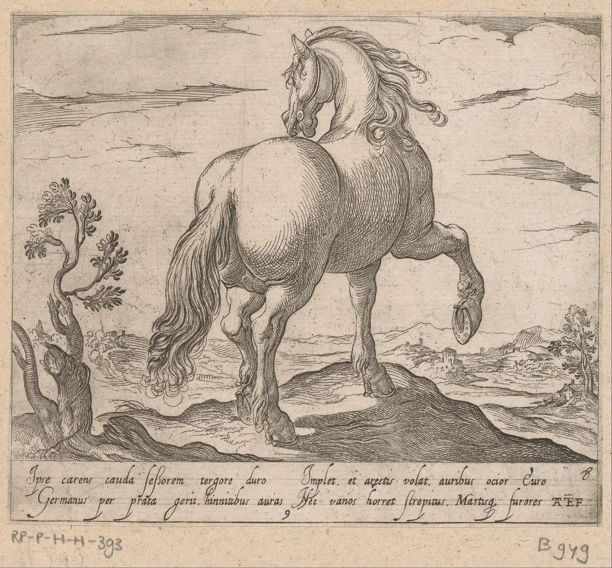 Staand paard van achteren gezien by Unknown, print, 1590