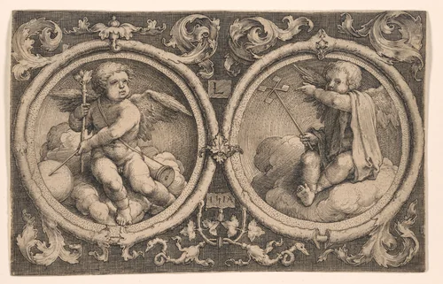 Two Cupids Seated on Clouds by Lucas van Leyden, print, 1517