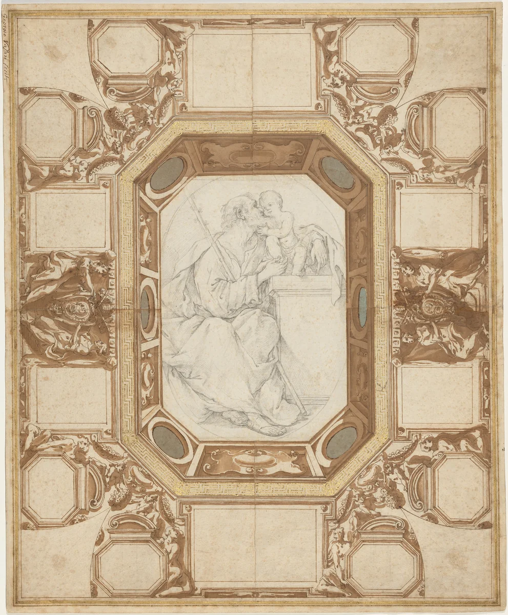 Ceiling with Allegorical Figures and the Arms of Pope Sixtus V (Guerra's outer drawing); Saint Joseph and the Christ Child (Viani's central drawing) by Giovanni Guerra, drawing, 1587