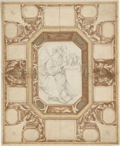 Ceiling with Allegorical Figures and the Arms of Pope Sixtus V (Guerra's outer drawing); Saint Joseph and the Christ Child (Viani's central drawing) by Giovanni Guerra, drawing, 1587