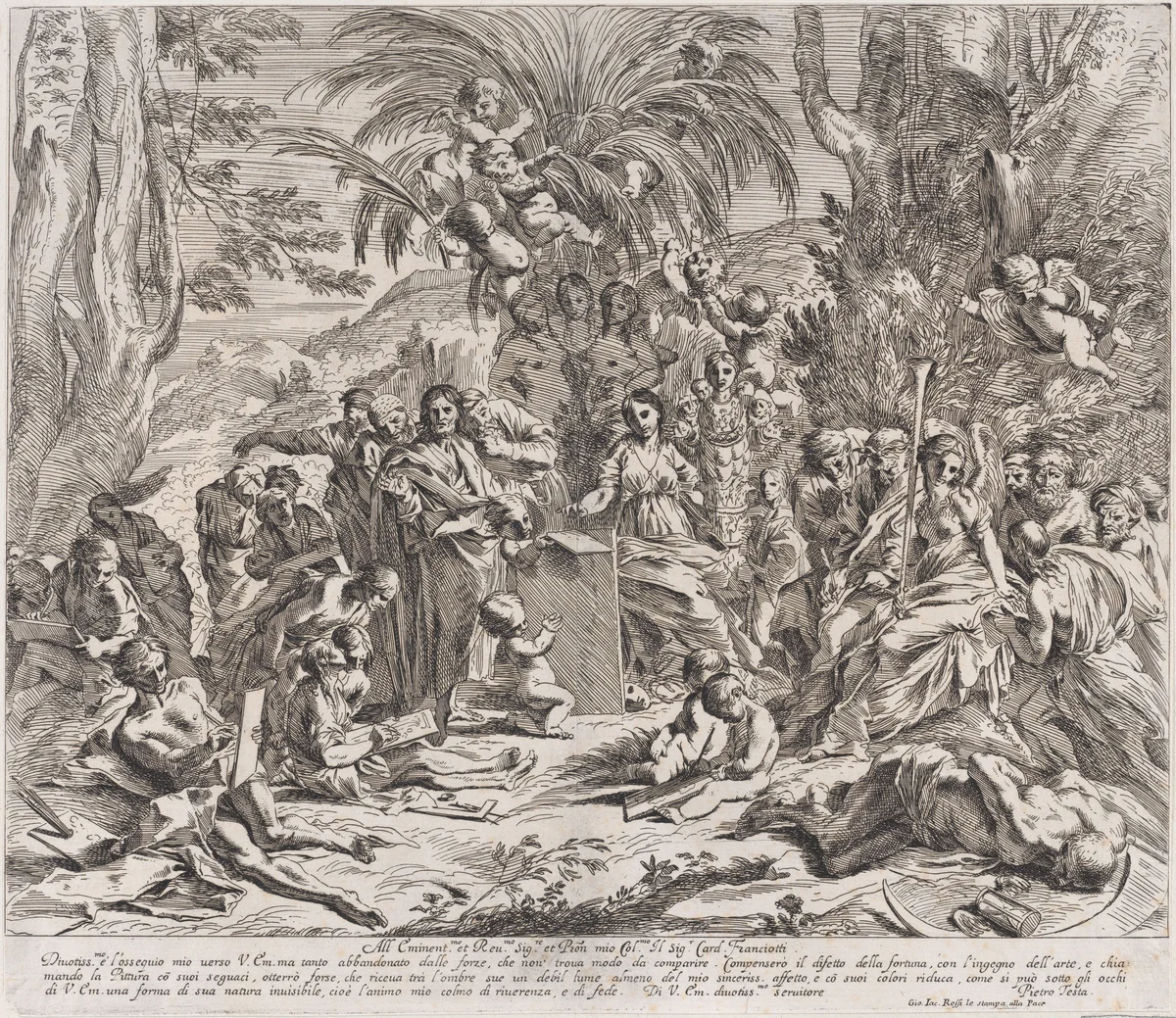 An allegory of painting, who as a child in the centre left draws on a tablet, surrounded by figures, many of whom are drawing by Pietro Testa, print, 1600-1650