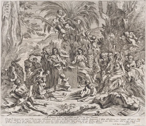 An allegory of painting, who as a child in the centre left draws on a tablet, surrounded by figures, many of whom are drawing by Pietro Testa, print, 1600-1650