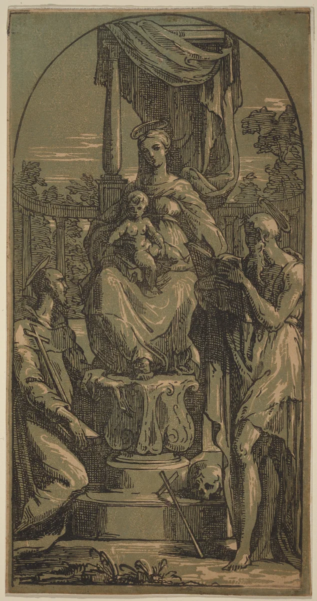 Madonna and Child Enthroned, Saint Jerome and Saint Francis by Anton Maria Zanetti, print, 1720-1740