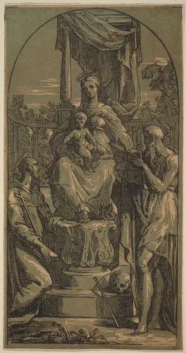 Madonna and Child Enthroned, Saint Jerome and Saint Francis by Anton Maria Zanetti, print, 1720-1740