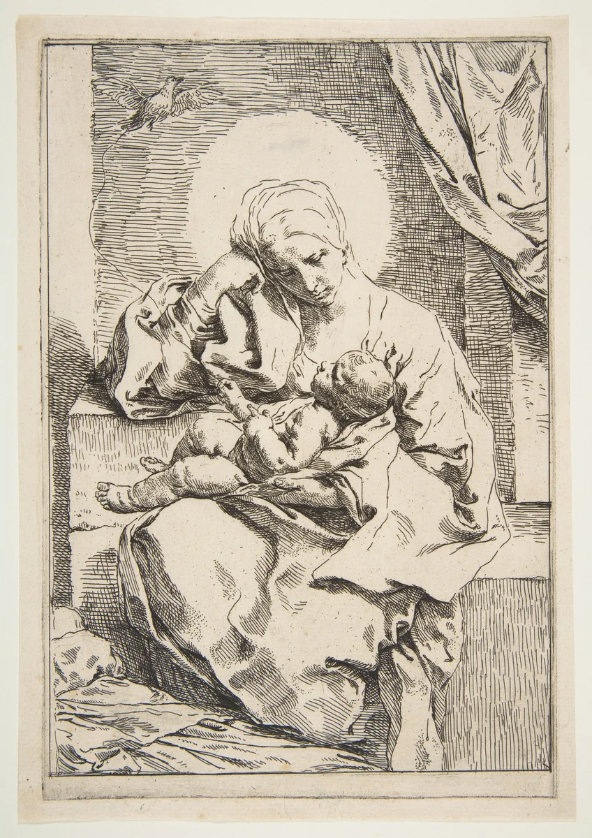 Madonna and Child with a bird by Simone Cantarini, print, 1630-1640