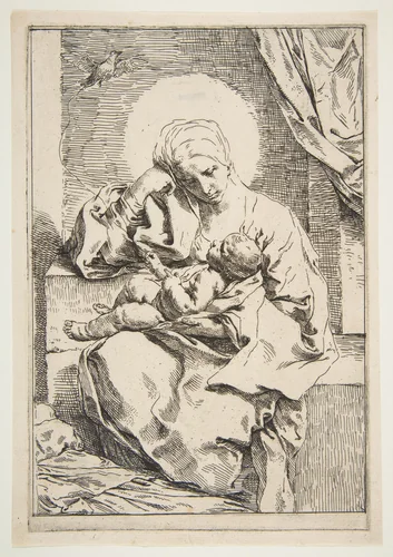 Madonna and Child with a bird by Simone Cantarini, print, 1630-1640