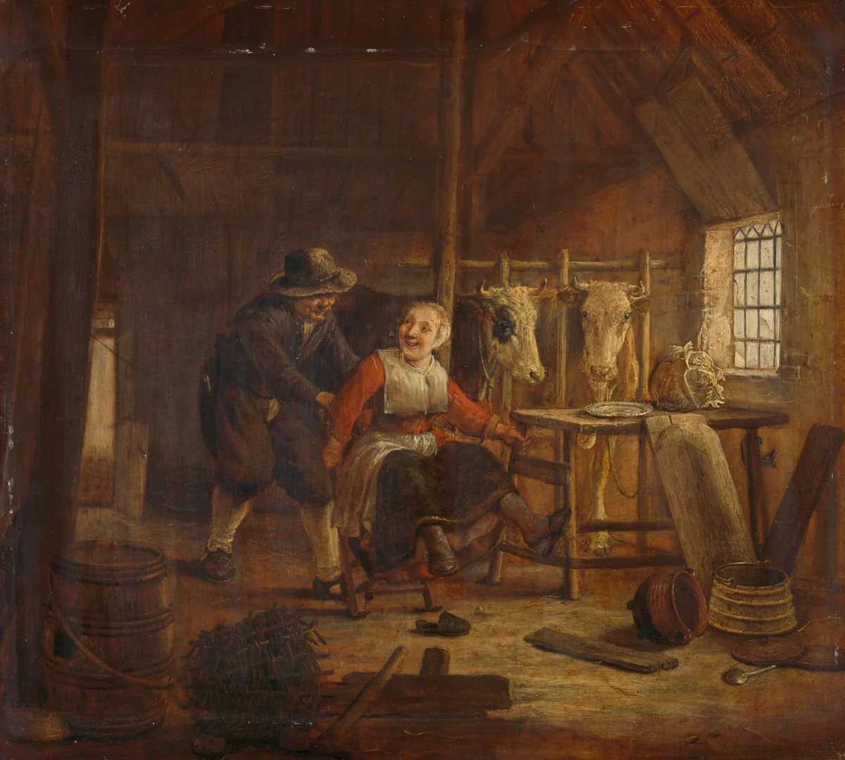 Flirtation in a Cowshed by Govert Dircksz. Camphuysen, painting, 1645-1672