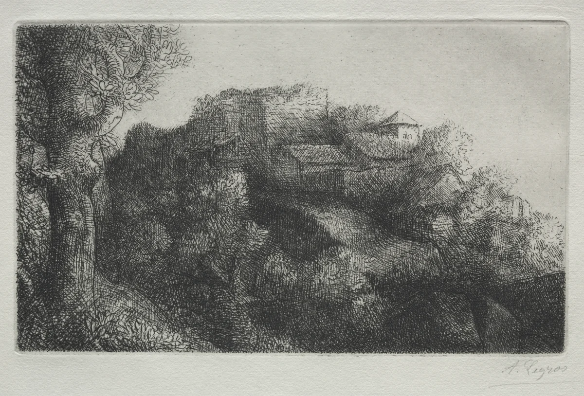 Landscape (with buildings) by Alphonse Legros, print, 1857-1911