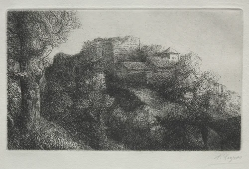 Landscape (with buildings) by Alphonse Legros, print, 1857-1911