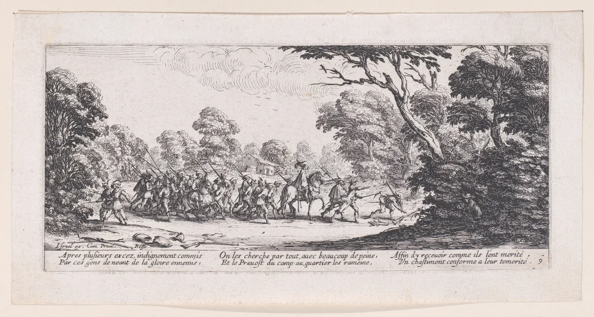 Découverte des Malfaiteurs (The Discovery of the Criminals), from Les Misères et les Mal-Heures de la Guerre (The Miseries and Misfortunes of War), plate 9 by Jacques Callot, print, 1633