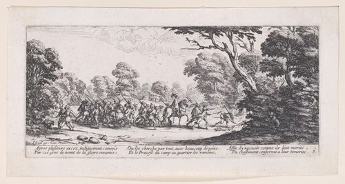 Découverte des Malfaiteurs (The Discovery of the Criminals), from Les Misères et les Mal-Heures de la Guerre (The Miseries and Misfortunes of War), plate 9 by Jacques Callot, print, 1633