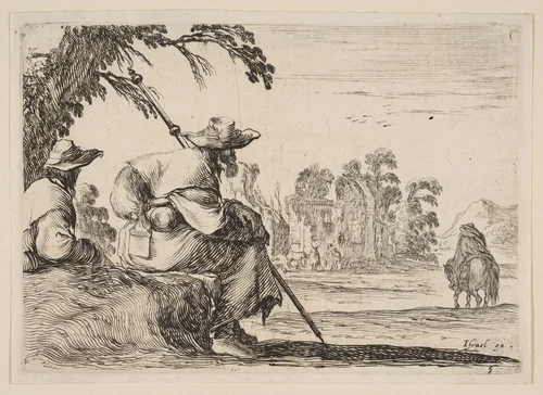 Two pilgrims with hats rest to the left, seen from behind, a horseman rides towards the background to the right, plate 5 from "Various Figures" (Agréable diversité de figures) by Stefano della Bella, print, 1642