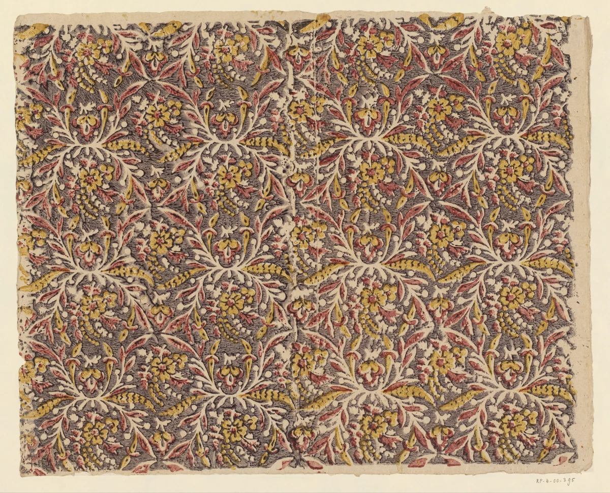 Blad met uitgespaarde ranken met bloemen en vruchten by anonymous, print, 1700-1850