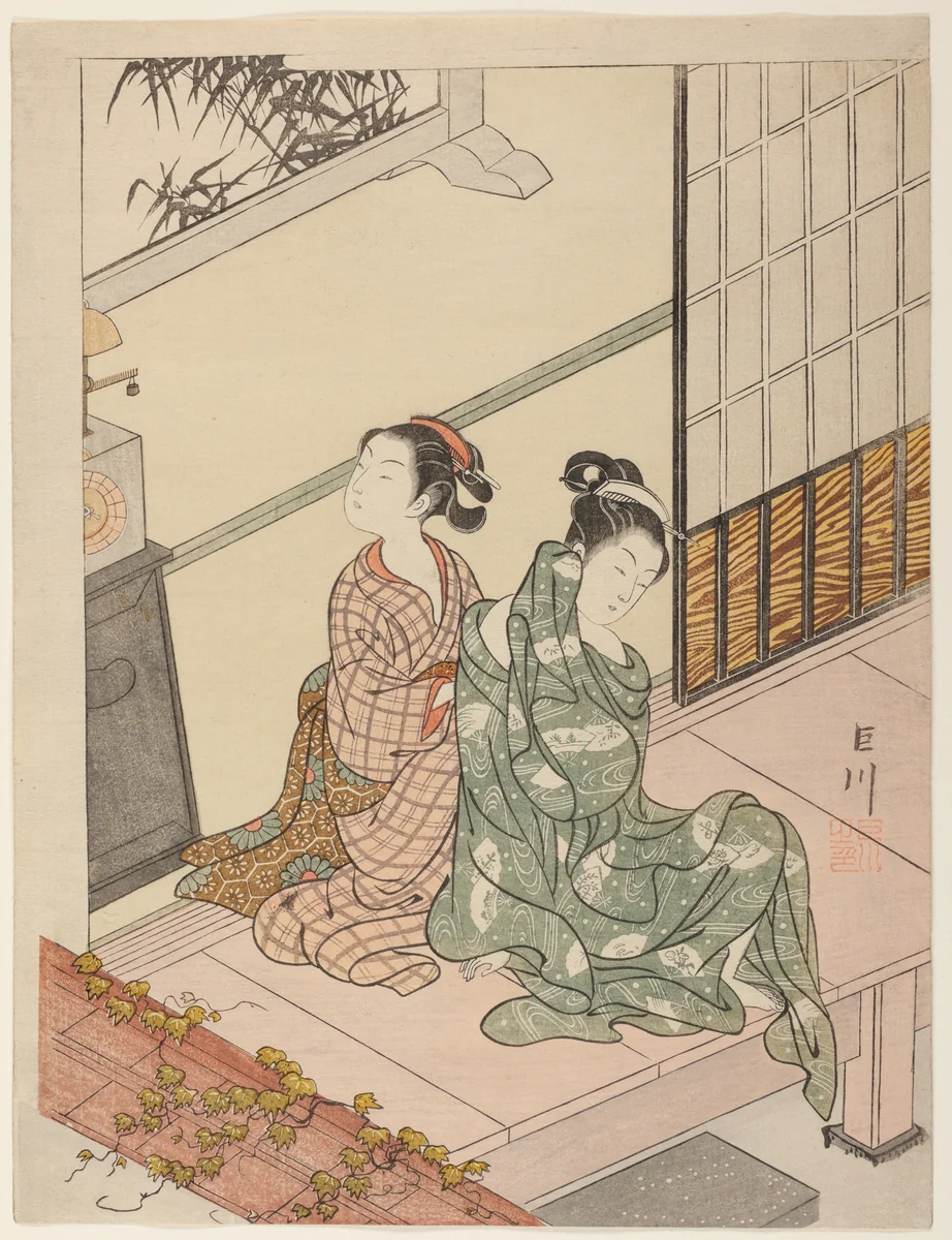 The Evening Bell of the Clock (Tokei no bansho), from the series "Eight Views of the Parlor (Zashiki hakkei)" by Suzuki Harunobu (鈴木春信), print, 1761-1771