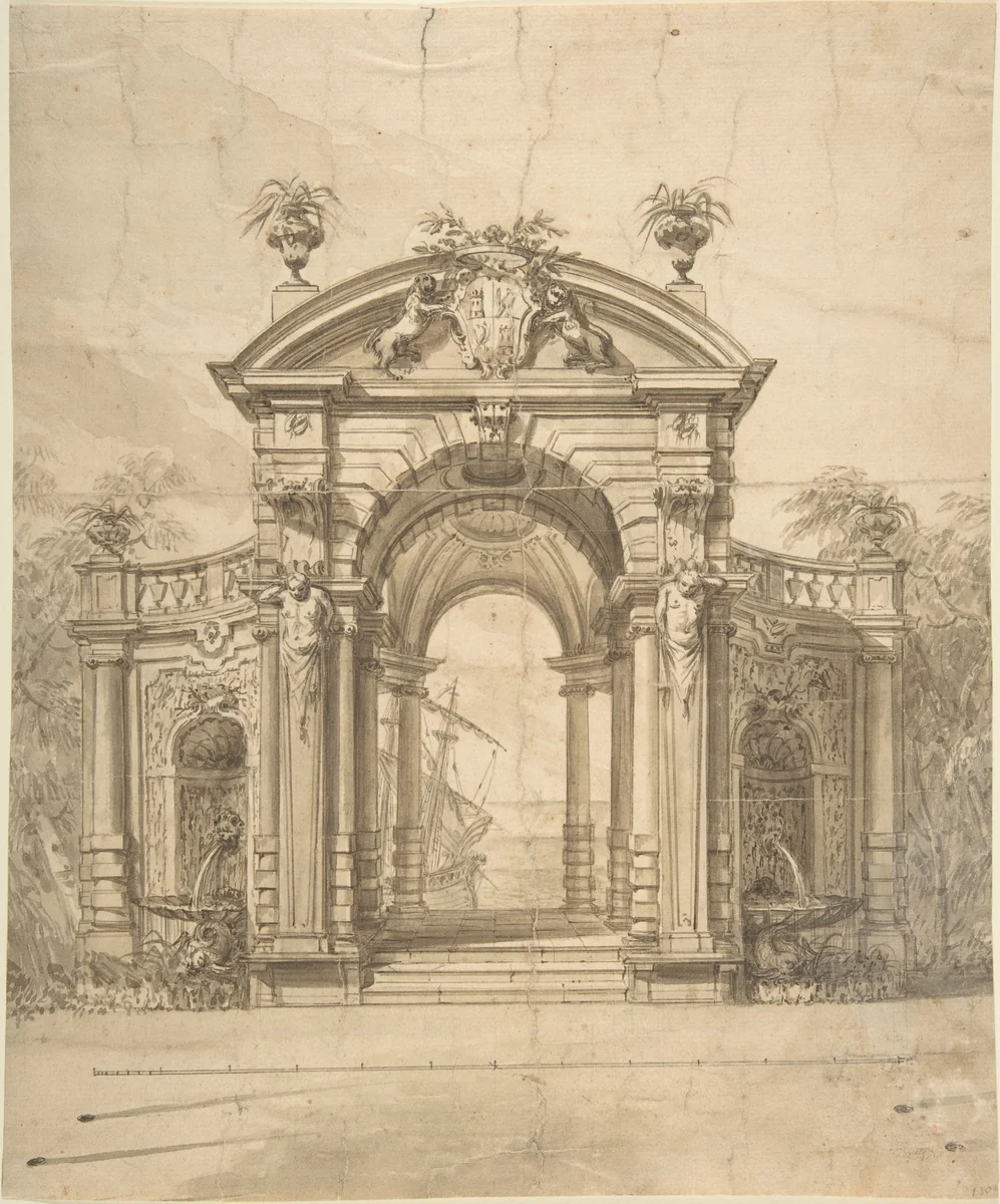 Design for a Stage Set: Triumphal Arch with Fountains in the Side Niches and the View of a Boat through the Arch by anonymous, drawing, 1700-1780
