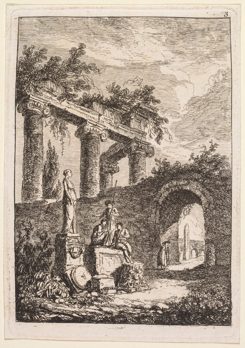 The Statue in Front of Ruins by Hubert Robert, print, 1763-1764