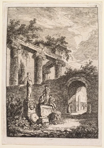 The Statue in Front of Ruins by Hubert Robert, print, 1763-1764