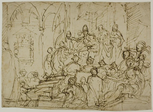 Enthroned King with Attendants by Domenico Cresti, drawing, 1579-1638