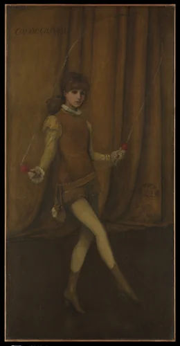 Harmony in Yellow and Gold: The Gold Girl—Connie Gilchrist by James McNeill Whistler, artwork, 1876-1877