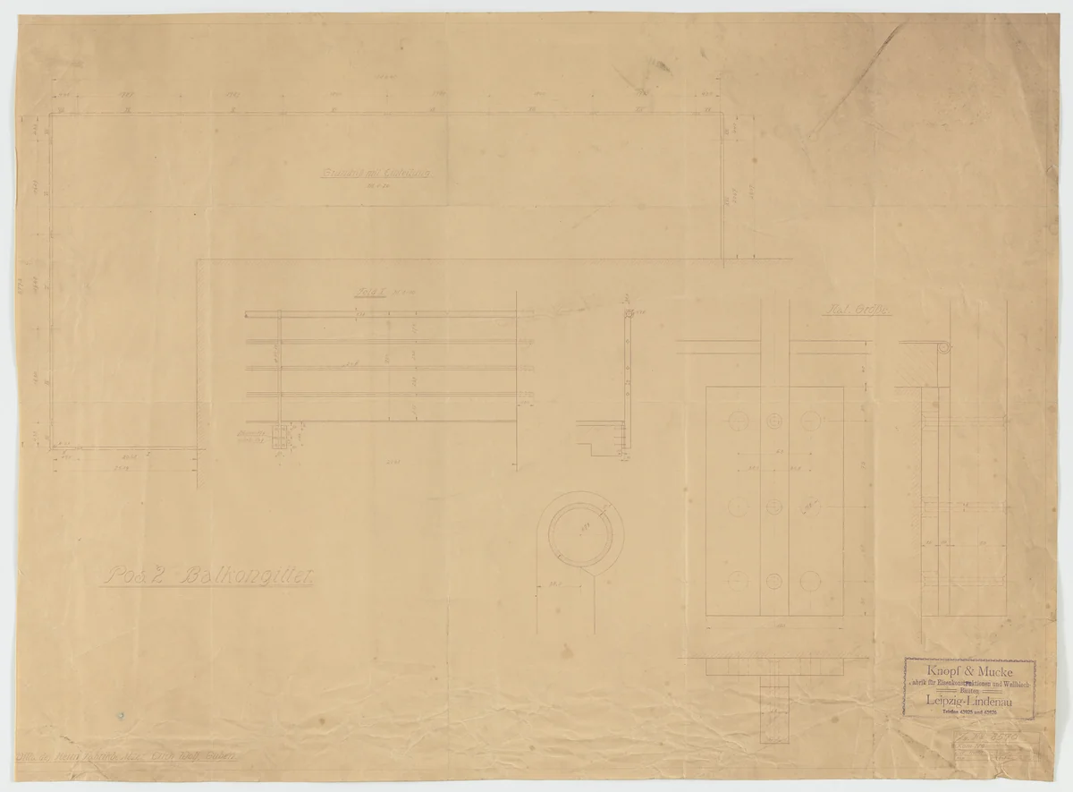 Wolf House, Gubin, Poland (Sections and plan: balcony railing) by Ludwig Mies van der Rohe, mies van der rohe archive, 1925
