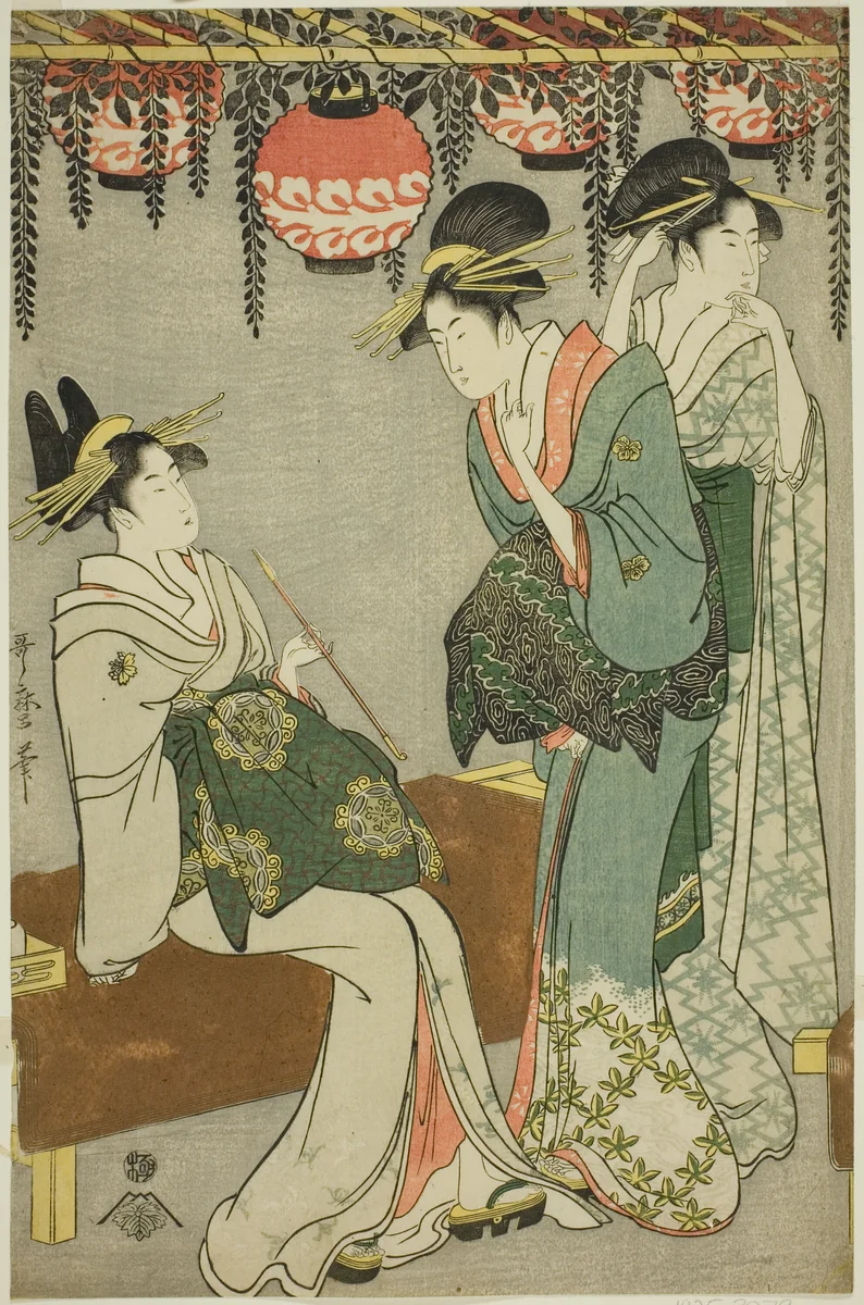 Courtesans beneath Wisteria Arbor by Kitagawa Utamaro (喜多川歌麿), print, 1790-1800