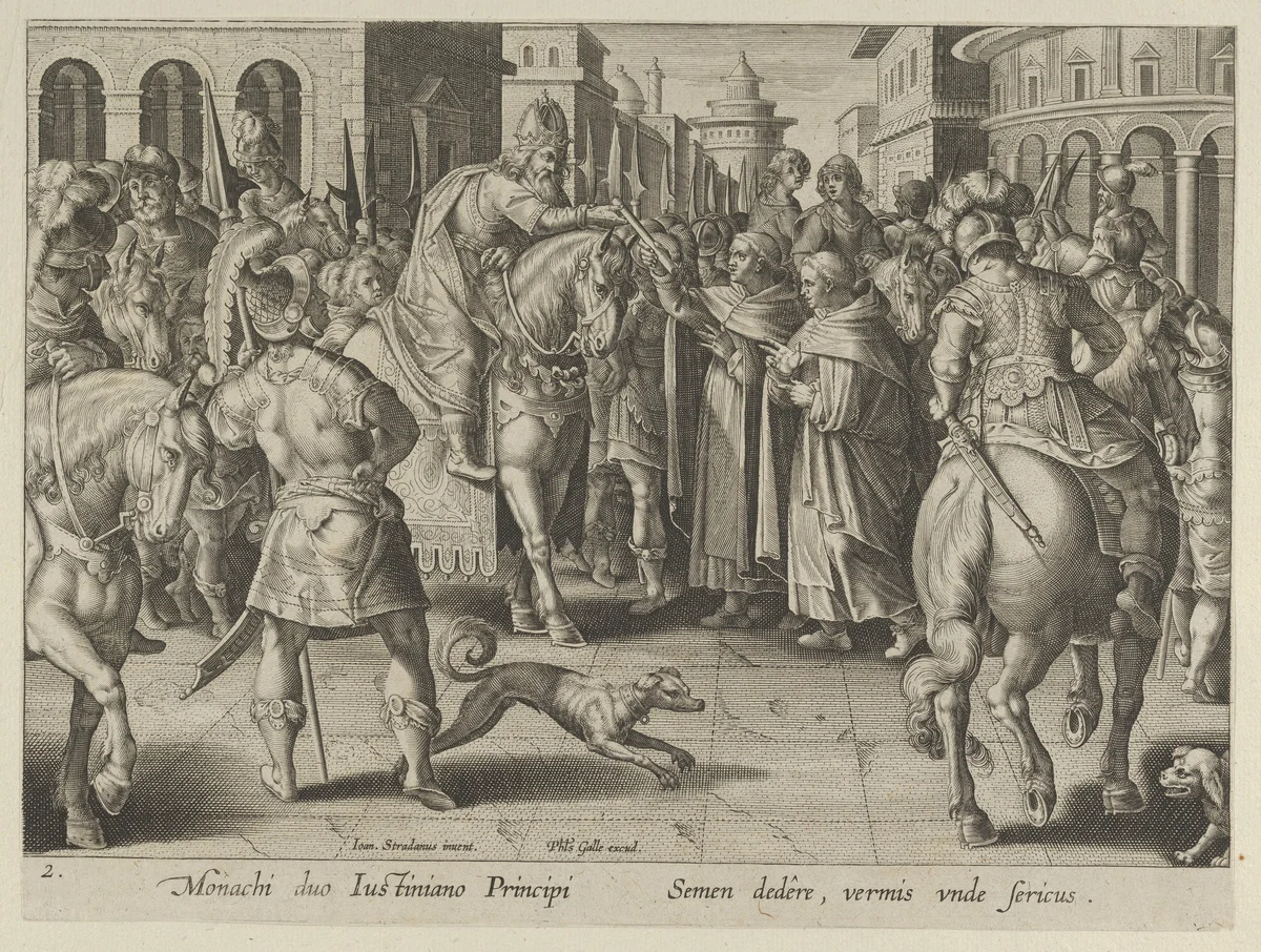 Emperor Justinian Receiving the First Imported Silkworm Eggs from Nestorian Monks, Plate 2 from "The Introduction of the Silkworm" [Vermis Sericus] by Karel van Mallery, print, 1595