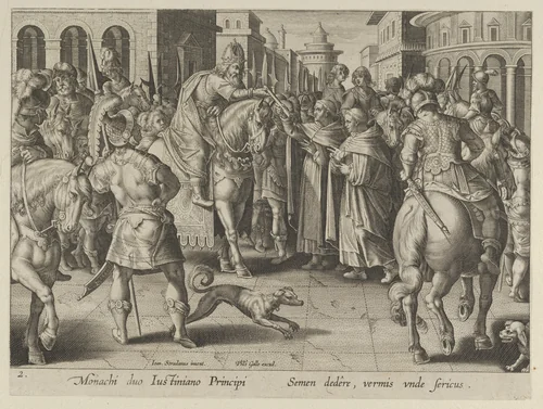 Emperor Justinian Receiving the First Imported Silkworm Eggs from Nestorian Monks, Plate 2 from "The Introduction of the Silkworm" [Vermis Sericus] by Karel van Mallery, print, 1595