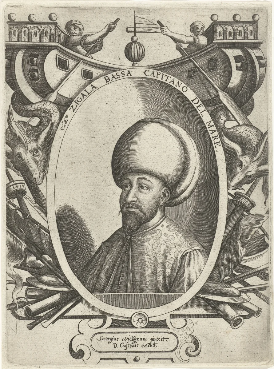Portret van kapitein Zigala Bassa by Dominicus Custos, print, 1579-1615