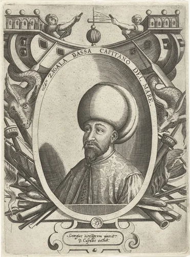 Portret van kapitein Zigala Bassa by Dominicus Custos, print, 1579-1615