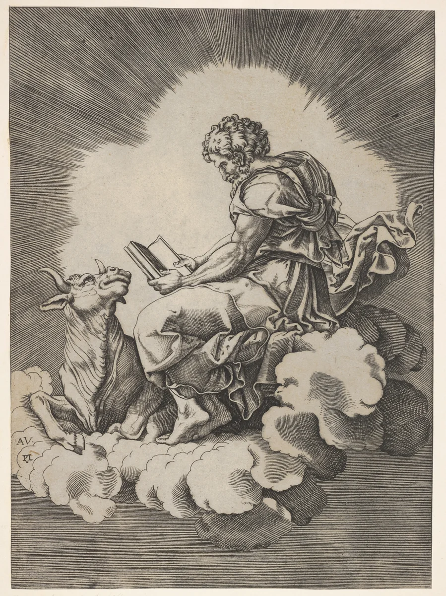 St. Luke, seated on a cloud with an open book in both hands, a bull lying at his feet, from a series of the four evangelists after Agostino Veneziano, which are in turn after Giulio Romano by anonymous, print, 1518