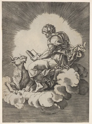 St. Luke, seated on a cloud with an open book in both hands, a bull lying at his feet, from a series of the four evangelists after Agostino Veneziano, which are in turn after Giulio Romano by anonymous, print, 1518