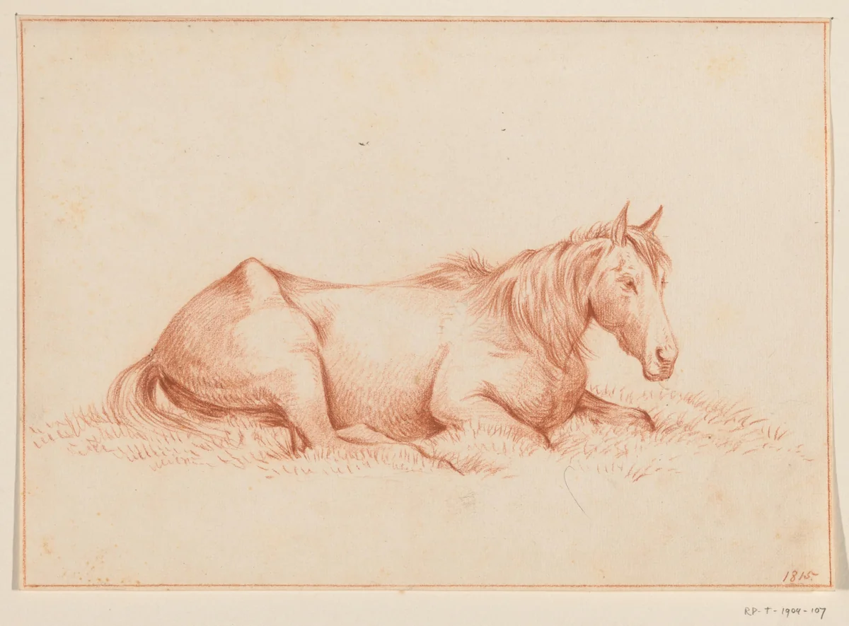Paard liggend in het gras, naar rechts by Jean Bernard, drawing, 1815