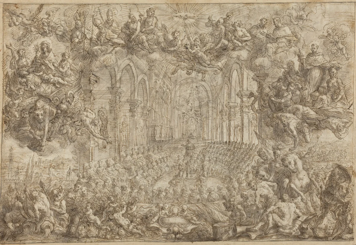 The Council of Trent with Saint Thomas Vanquishing the Heretics by Biagio Falcieri, drawing, 1680