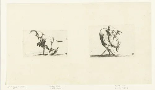 Kleine mens (karikatuur) met mitella, kruk en zwaard; kleine mens (karikatuur) met wandelstok by Abraham Bosse, print, 1621-1676