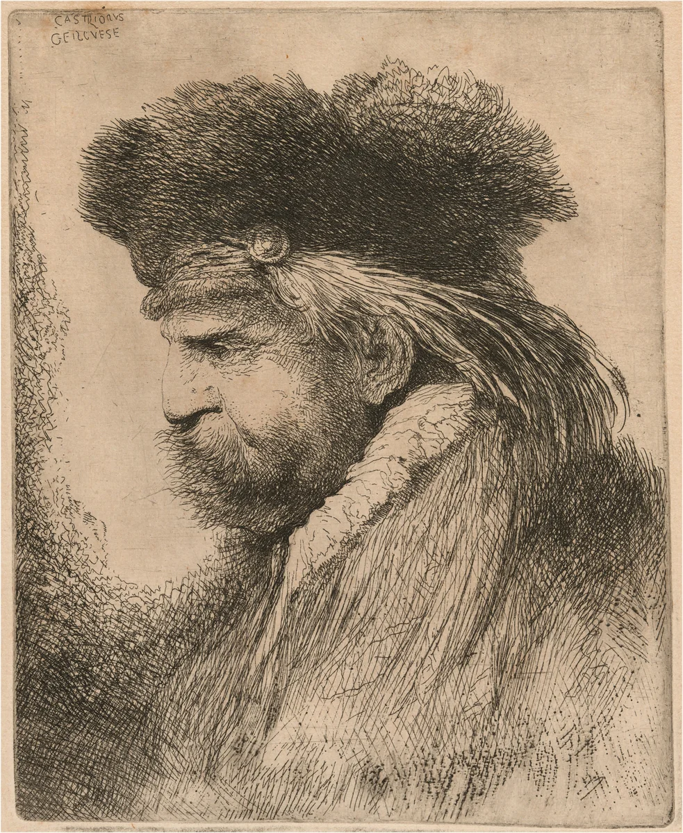 Bearded Man in a Fur Cap, Facing Left by Giovanni Benedetto Castiglione, print, 1640-1650