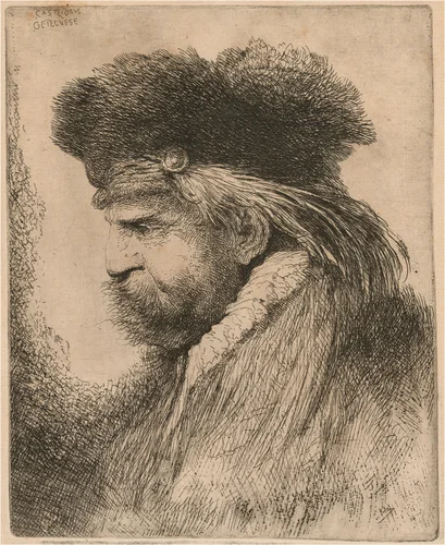 Bearded Man in a Fur Cap, Facing Left by Giovanni Benedetto Castiglione, print, 1640-1650