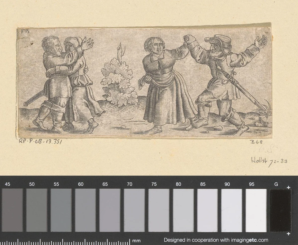 Twee dansende boerenparen, een struik in het midden by Unknown, print, 1559-1596