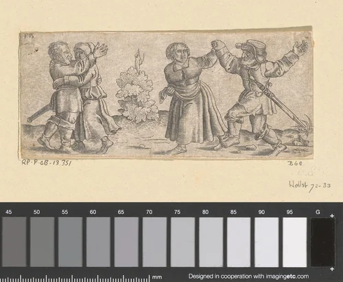 Twee dansende boerenparen, een struik in het midden by Unknown, print, 1559-1596
