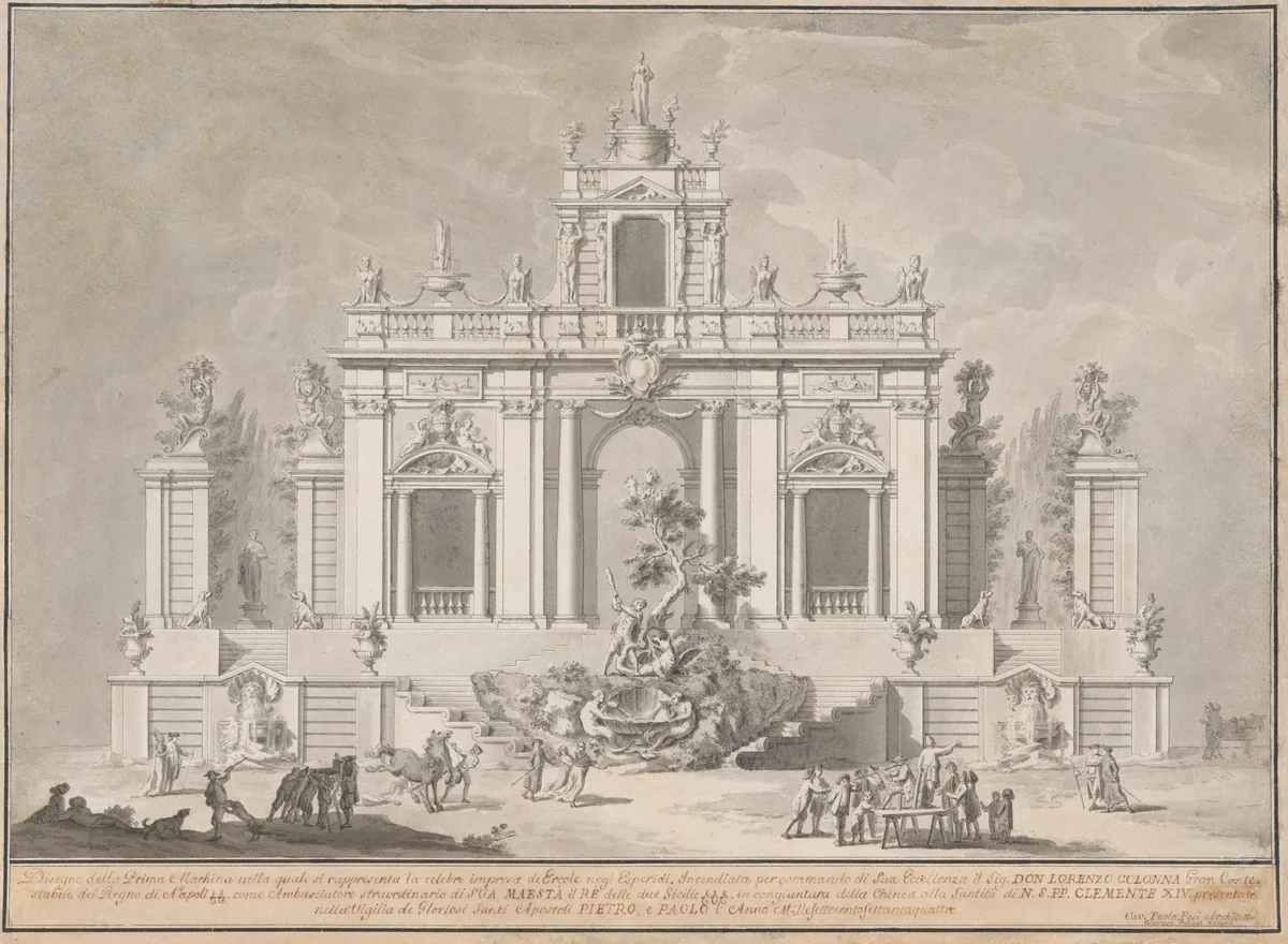 Design for "The Prima Macchina for the Chinea of 1774: Hercules and the Dragon in the Garden of the Hesperides" by Paolo Posi; Giuseppe Palazzi, drawing, 1774