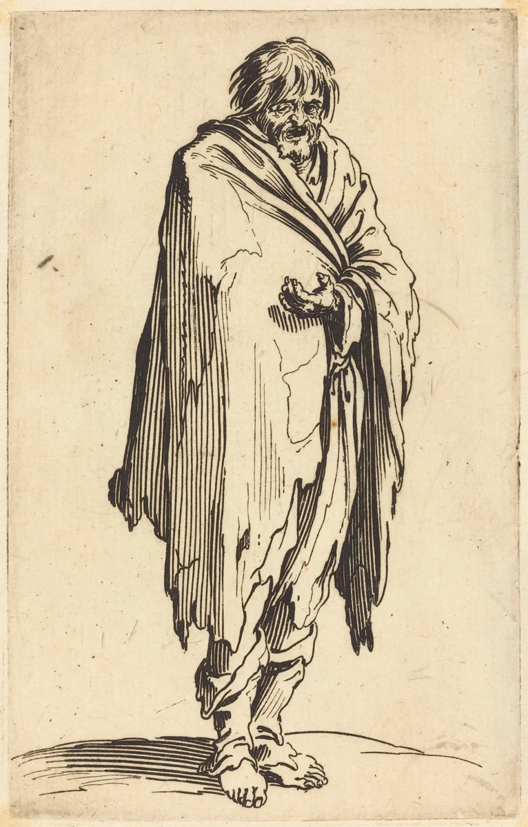 Beggar with Bare Head and Feet by Jacques Callot, print, 1622