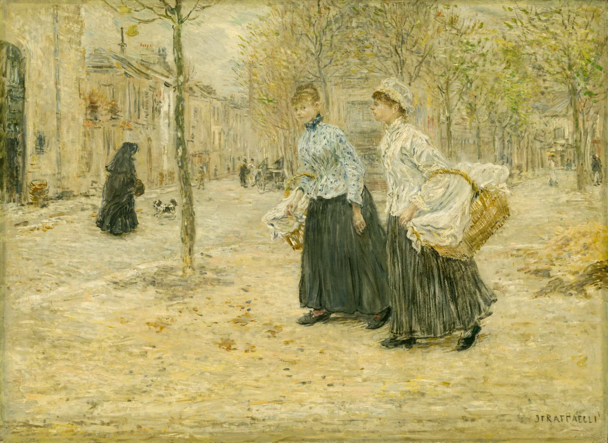 Two Washerwomen Crossing a Small Park in Paris by Jean-François Raffaëlli, painting, 1885-1895