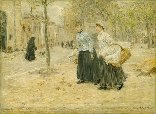 Two Washerwomen Crossing a Small Park in Paris by Jean-François Raffaëlli, painting, 1885-1895
