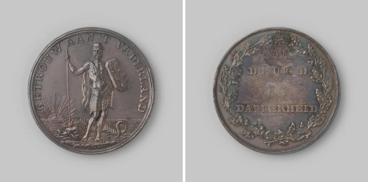 Beloningspenning ter ere van de leden van de gewapende burgerwacht te Arnhem, die uitgerukt waren om de overgang van de IJssel bij Westervoort aan de uitgewekenen te beletten by anonymous, metalwork, 1799