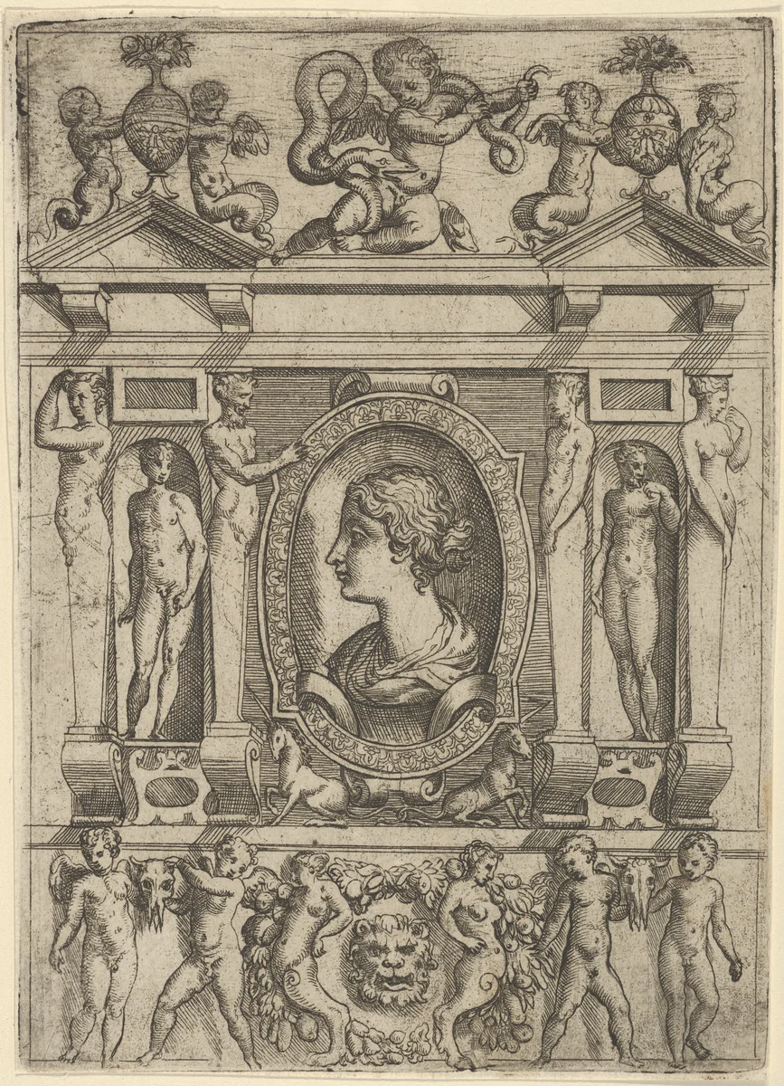 Bust of a woman in profile facing left, set in an elaborate frame with figures in niches by Battista Angolo del Moro, print, 1535-1580